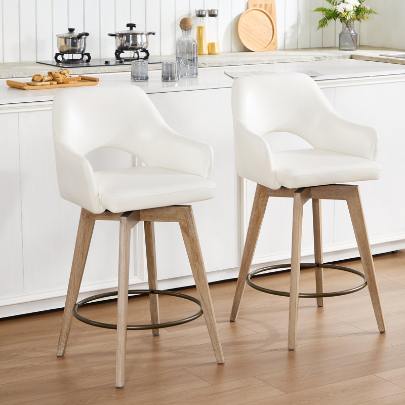 Tabouret de comptoir pivotant avec dossier en bois massif brossé Lovetro, Beige