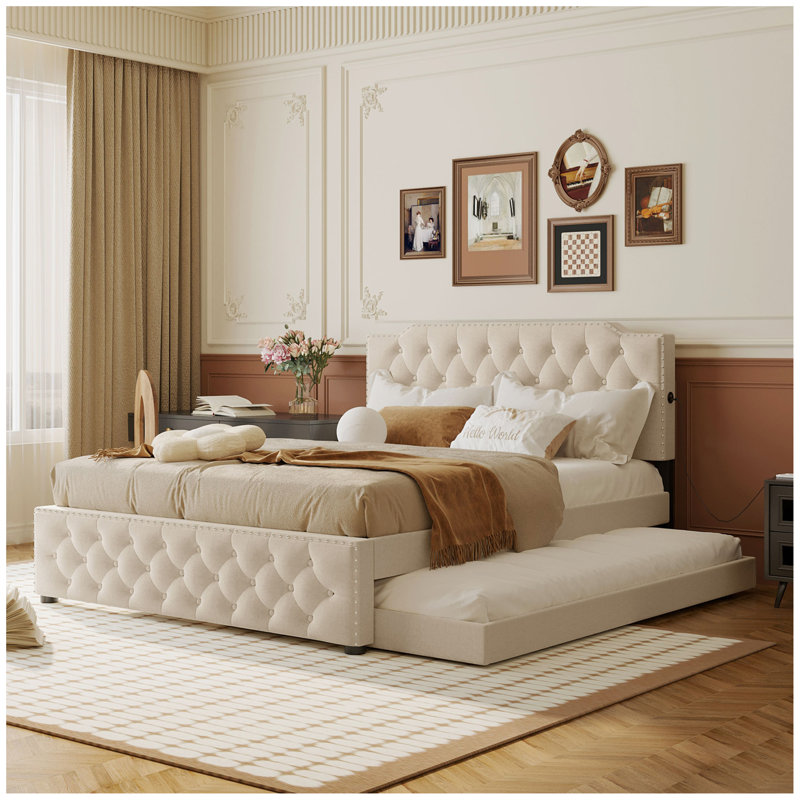 Lit plateforme tapissier Achicam, Beige
