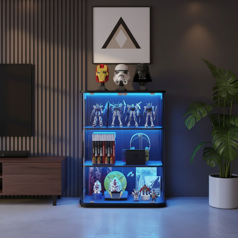 Black Round Glass Door Display Case, Three-Tiered Fully Transparent Display, With Three-Color Lighting And Human Body Sensor, Specially Designed For Collectibles.