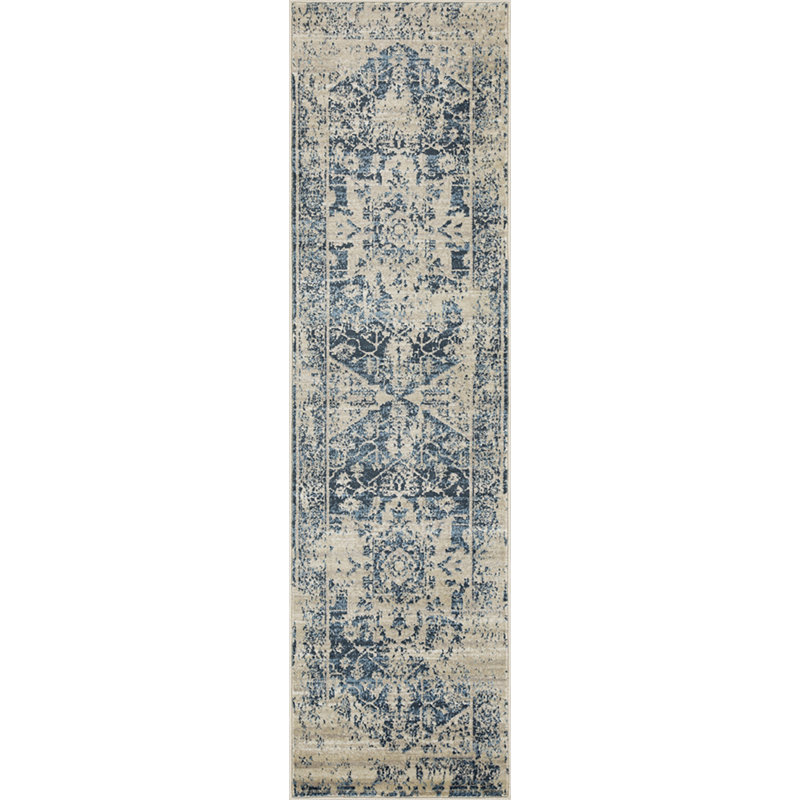Tapis oriental ivoire et bleu 8 pi, Tapis de couloir 2 pi x 8 pi