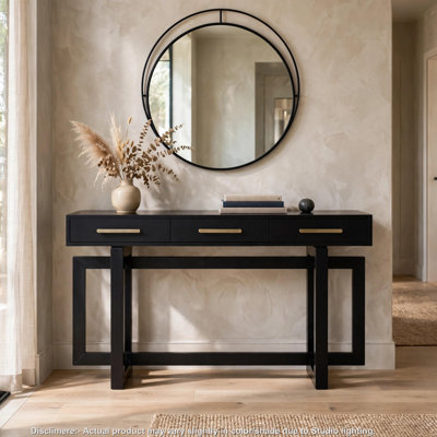 Gracie Console Table with 3 Drawers and Iron Handle Design, Black Wood 57 Inch