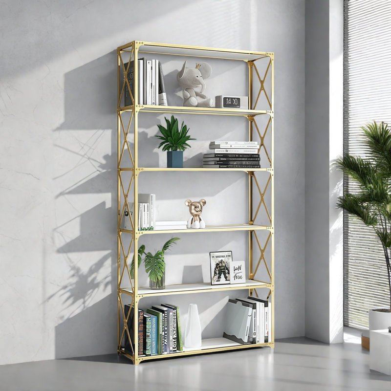 Une bibliothèque simple et créative, (5 tablettes) H 78,7 po x l 31,4 po x P 11,8 po, Blanc / Doré