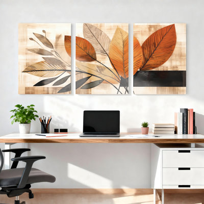 Ensemble de 3 tableaux abstraits sur toile tendue, motif feuilles d'automne, pour la décoration du salon et de la chambre.