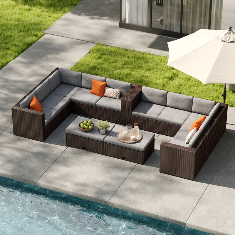 Ensemble modulaire d'extérieur en forme de U pour 10 personnes, Brun