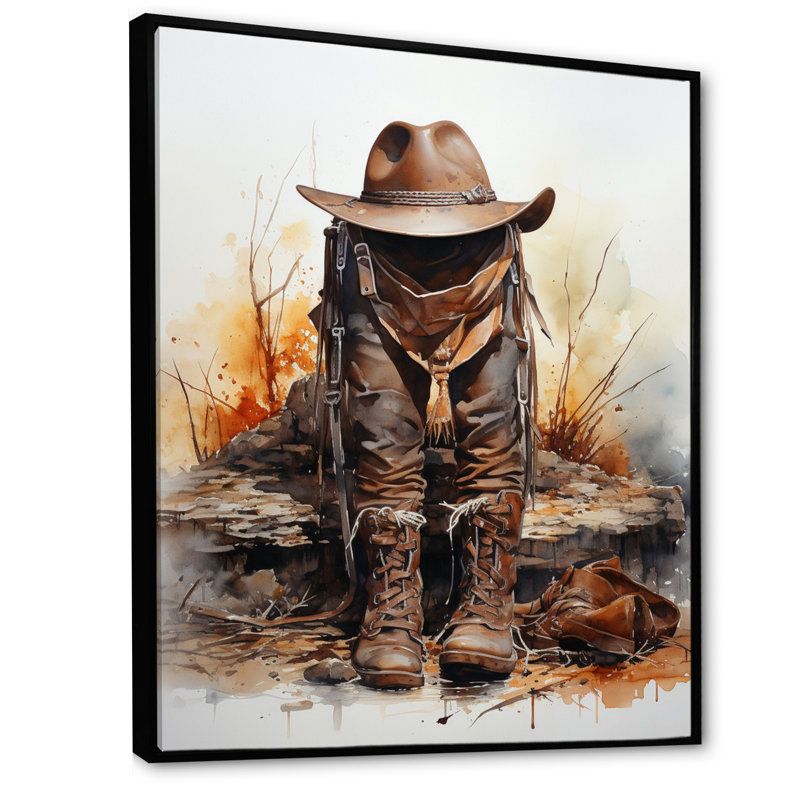 Yushua, minimalisme, chapeau de cowboy et botte I sur toile, H 32 po x l 24 po x P 1 po, Cadre flottant noir