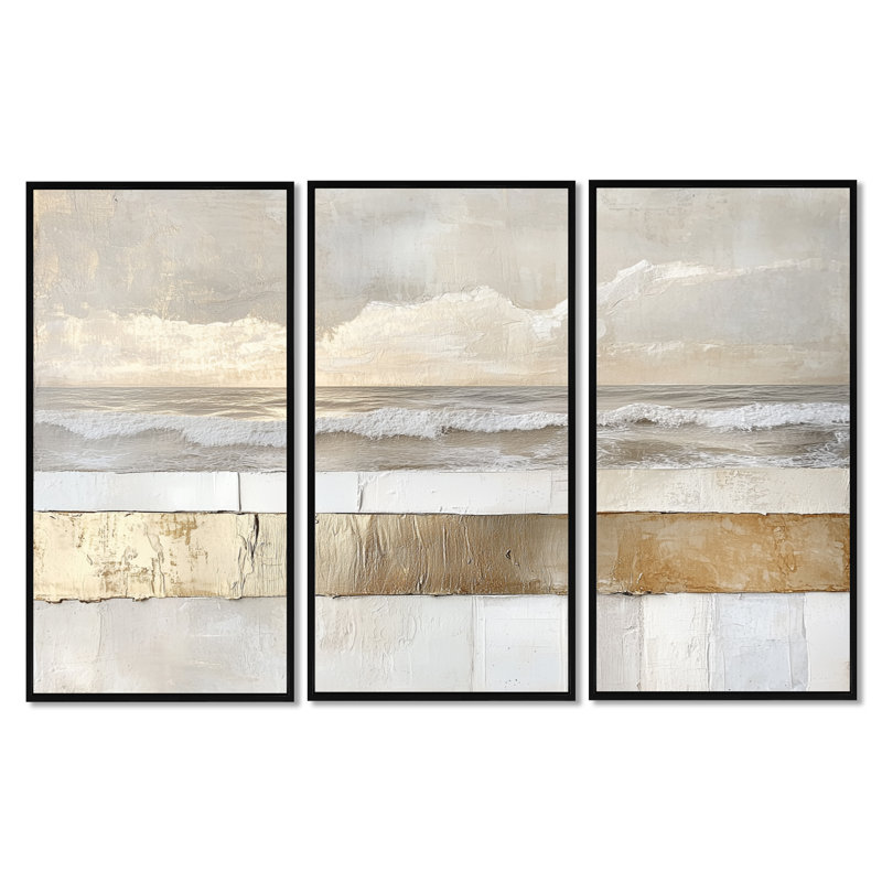 Toile océan, vague abstraite, art mural - ensemble d'art mural encadré 3 pièces Deshaun, H 40 po x l 60 po