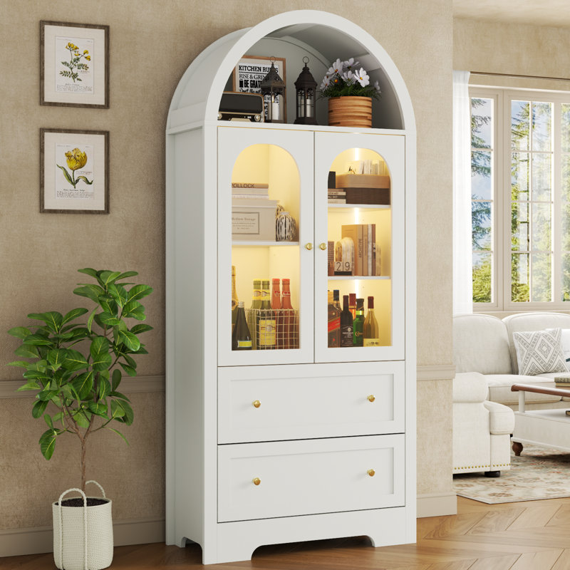 70" Tall Arched Bookcase With Led Lights, Modern Curved Cabinet With  2 Storage Drawers & Glass Door