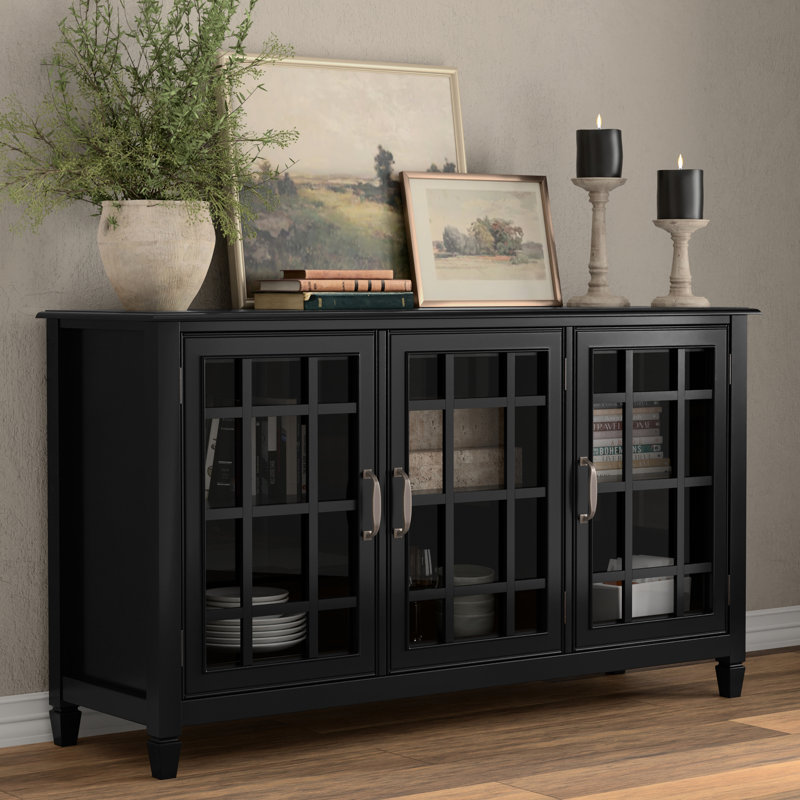 Connaught 60"W Solid Wood Traditional Wide Sideboard Buffet Storage Cabinet with Glass Doors and Adjustable Shelves, Black