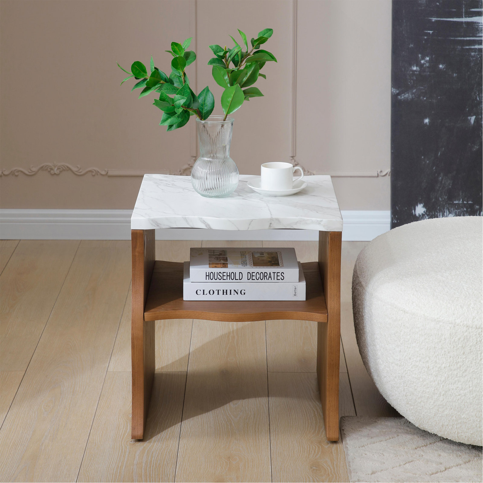 17" Marble Top Storage End Table, Walnut Brown