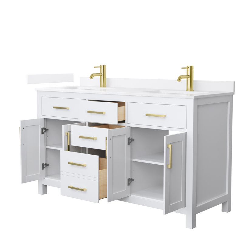 60 in. Double Vanity, White, Brushed Gold, White Quartz