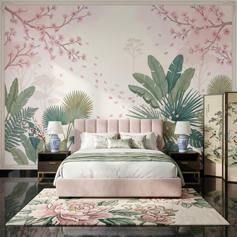 Décoration murale fleurs de cerisier roses et feuilles tropicales amovibles, 100 po x 96 po, Peler et coller