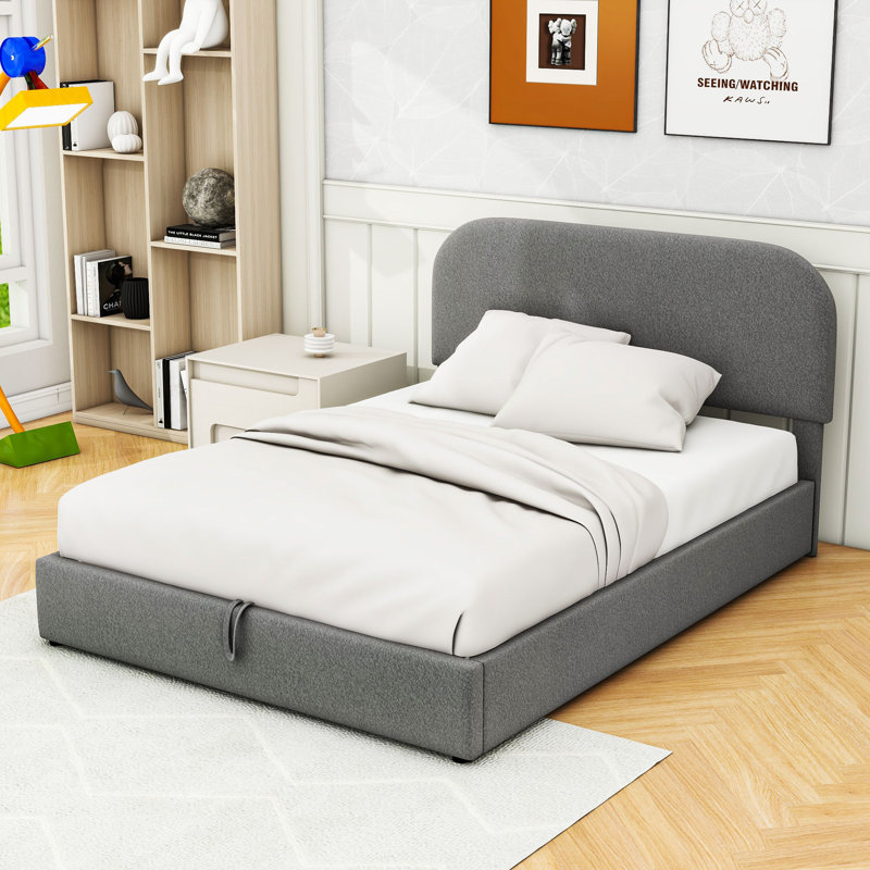 Lit plateforme tapissier avec rangement hydraulique, gris, Double