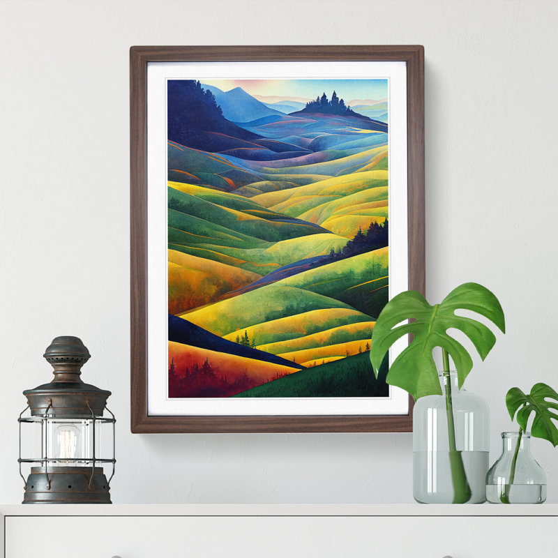 Meadow Landscape Watercolour No.3 - Framed Print, 46cm H x 34cm W x 2cm D, Walnut