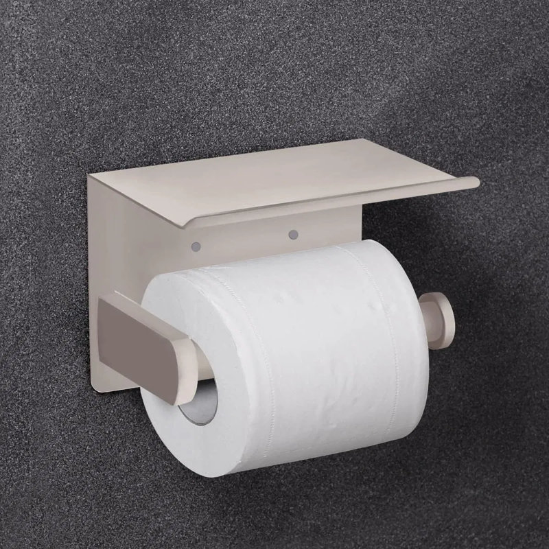 Standard Size Self Adhesive Toilet Paper Holder With Phone Shelf – Rustproof Stainless Steel – 2 Installation Methods – For Bathroom/washroom