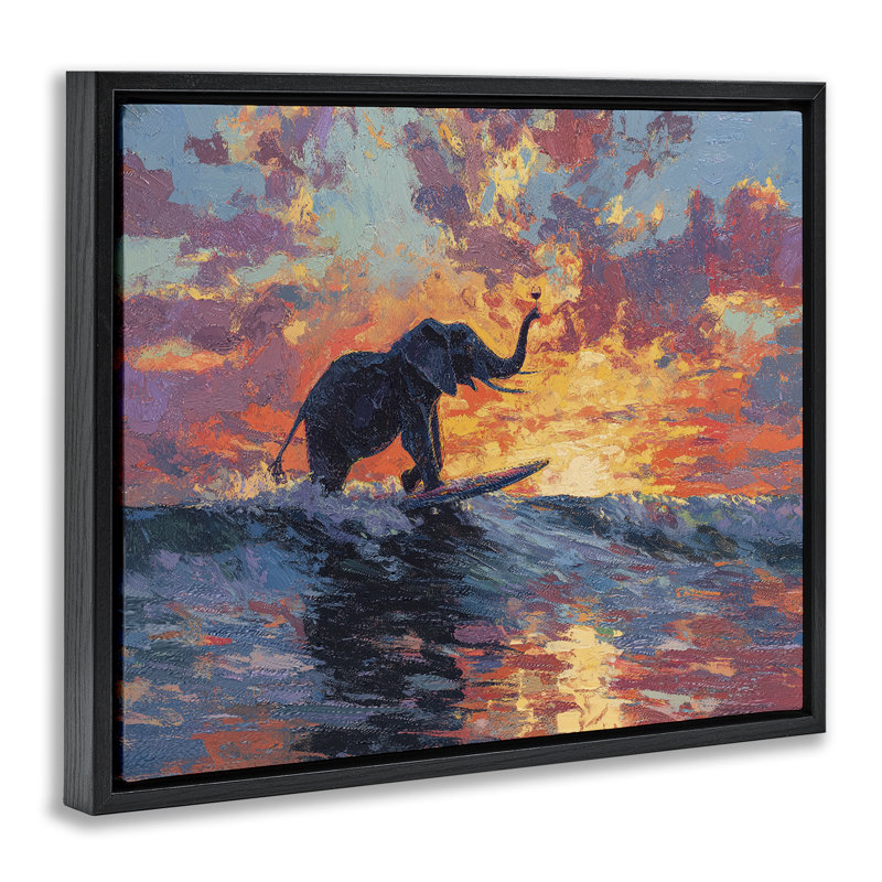 Cadre flottant Sunset Surf Elephant, design par Ziwei Li, Cadre flottant noir de jais, H 17 po x l 21 po