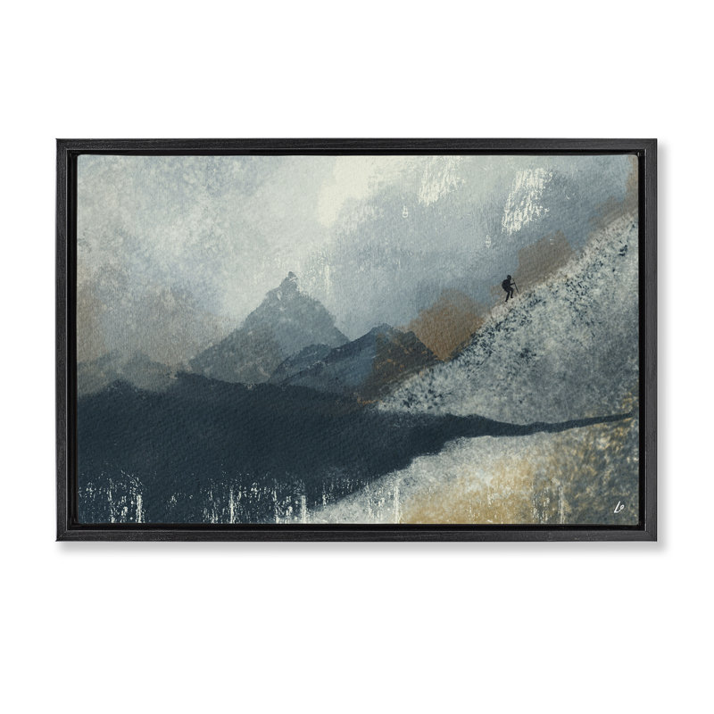  «Intrepid Traveller in Mountains» par Lydia Orange, Cadre flottant noir de jais, H 21 po x l 31 po