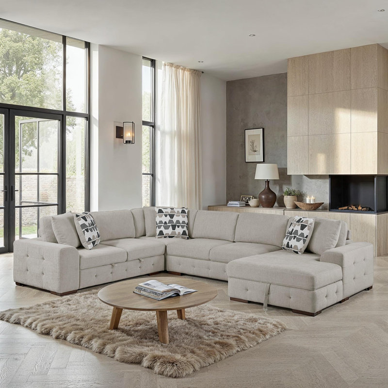 Odesser 4-Piece Chenille Sectional Sofa Sleeper with Chaise, Right Hand Facing, Taupe Chenille