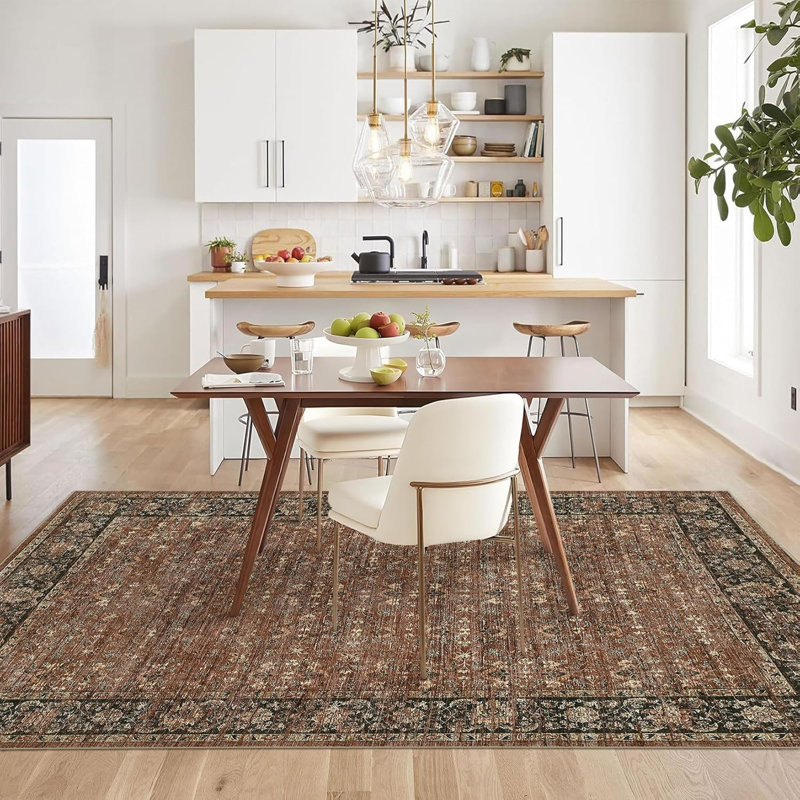  Floral Kitchen Rug – Washable, Non-Slip, Low Pile, Distressed Print for Hallway, Bathroom, Laundry (Beige)