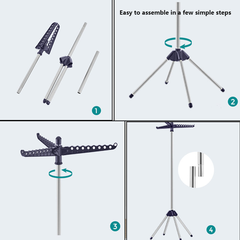 Séchoir à linge pliant avec 3 bras rotatifs pour cintres, Bleu / argent