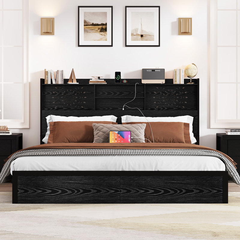 Vintage Carved Bed With 6 Drawers, Modern Bed With Charging Station & Led Lights, Black, Queen