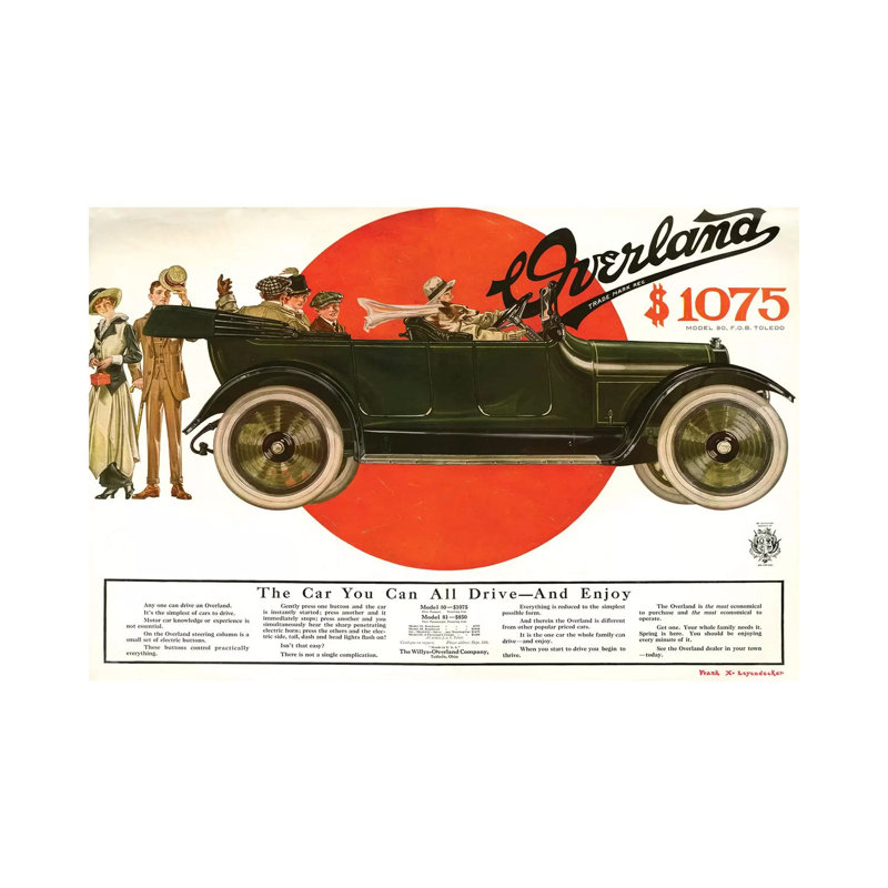 1915 Willys-Overland II Advert 1 Piece Wrapped Canvas Wall Art, 20.32cm H x 30.48cm W