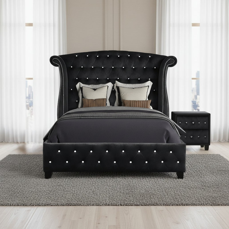 Mithil Queen 2PC - noir, Grand, Noir, Deux articles : lit, table de chevet