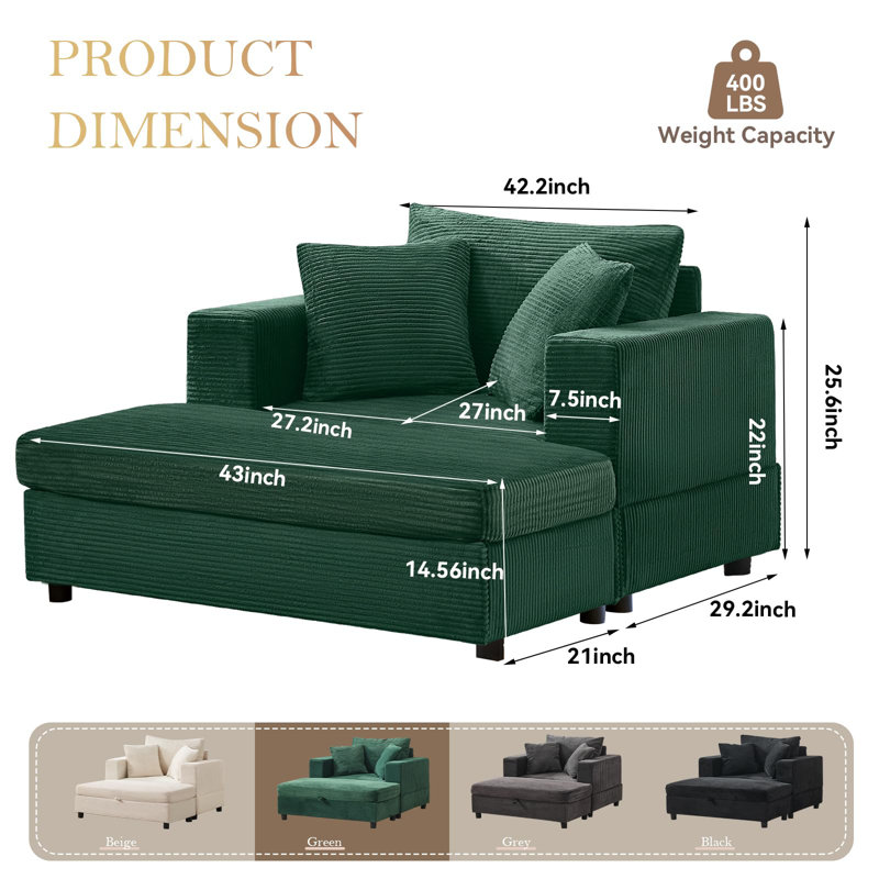 Corduroy Upholstered Sofa Lounge Chair with Removable Storage Ottoman and Pillows, Green, Storage Ottoman