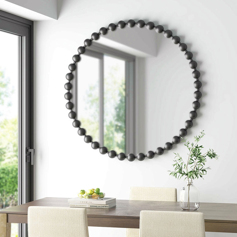 Beaded Round Wall Mirror 36"D, Black