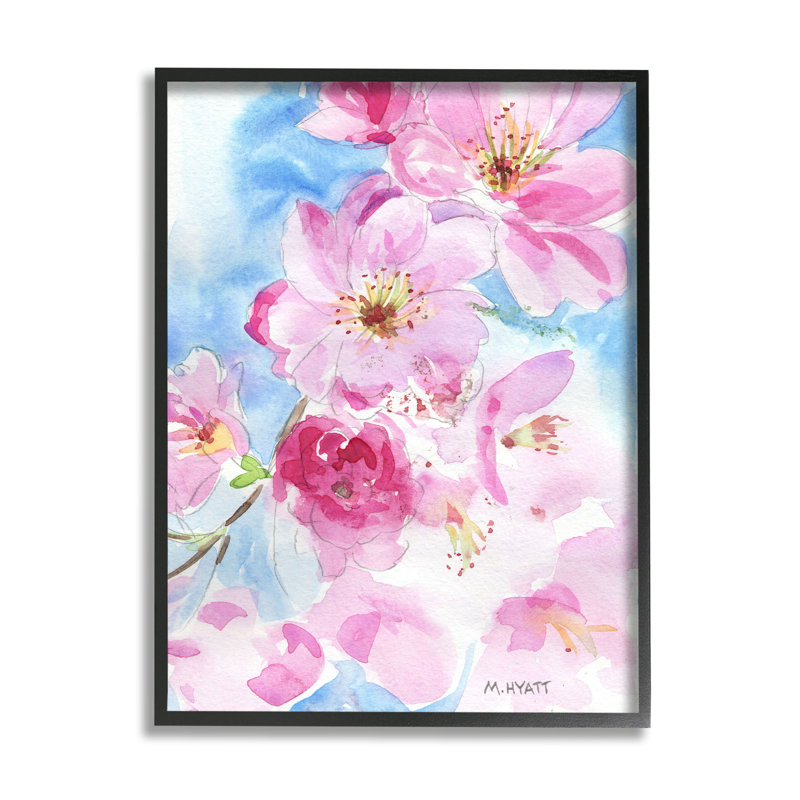 Fleurs de cerisier en fleurs roses sur fond bleu, H 14 po x l 11 po, Giclée encadrée noir minuit