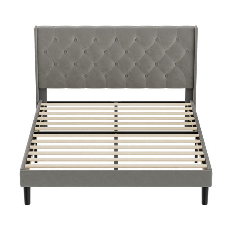 Upholstered Bed Frame with Diamond Button Tufted Headboard, Kingsize (5'), Grey