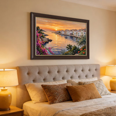 Art mural antique sur toile encadré doré pour le salon, la chambre à coucher, le bureau ou le vestibule - Décoration murale décorative avec coucher de soleil