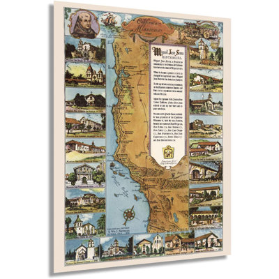 Carte de sentier des Missions de la Californie historique de 1949 de 24 po x 36 po de la Mission des États-Unis illustrant 21 bâtiments de la mission espagnole - Junipero Serra - impression sur affiche de l'histoire de la Californie (2 formats)