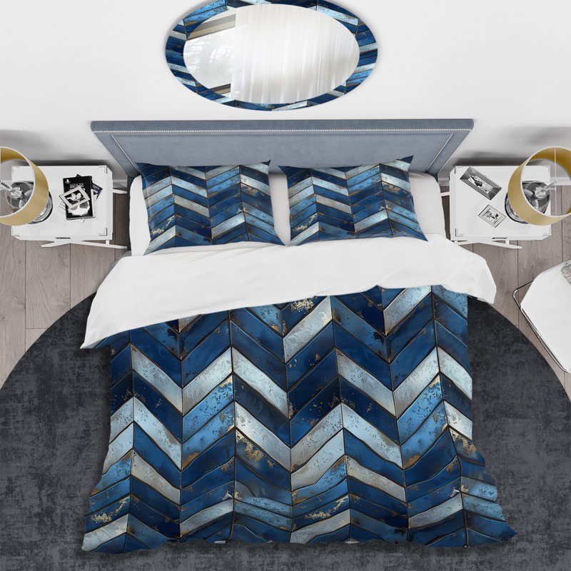 Blue Chevron Glam Pattern III - Transitional Duvet Cover Set, Queen Duvet Cover + 2 Standard Shams