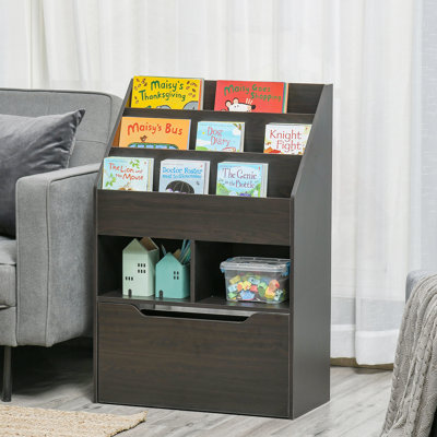 Kids Bookcase Multi-Shelf Rack Organizer With Storage Drawer For Books, Playroom, Brown