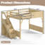 Grand lit mezzanine avec garde-robe et espace de rangement intégrés, lit mezzanine en bois massif avec tablettes à côté, garde-corps pleine longueur et escalier, aucun sommier nécessaire, naturel-129757023
