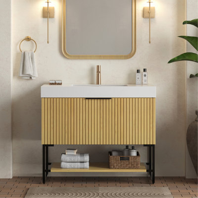Meuble-lavabo 36 po, armoire de rangement autoportante en contreplaqué rayé avec tiroir et tablette ouverte, lavabo intégré encastré en résine rectangulaire blanche