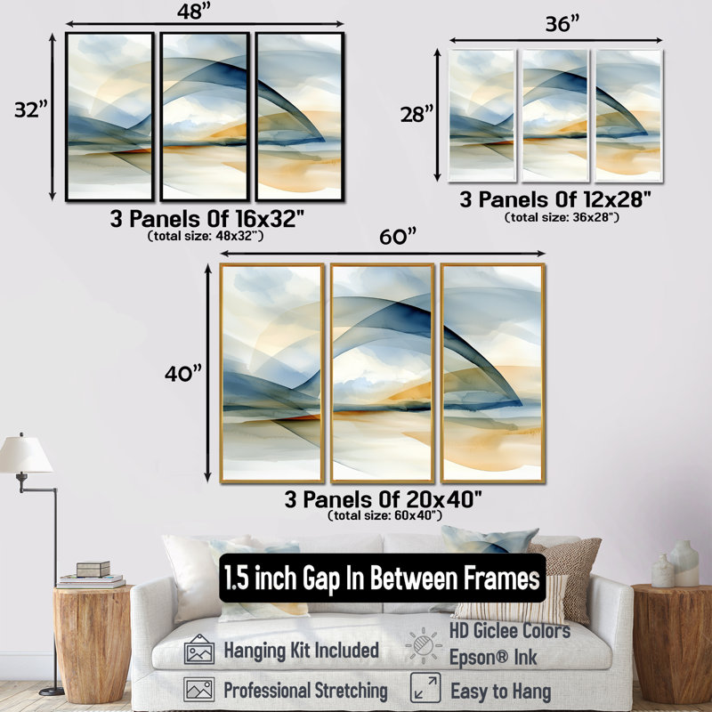 «Ocean Breeze Of Beach Landscape I», ensemble d'art mural abstrait géométrique, H 32 po x l 48 po, Brun