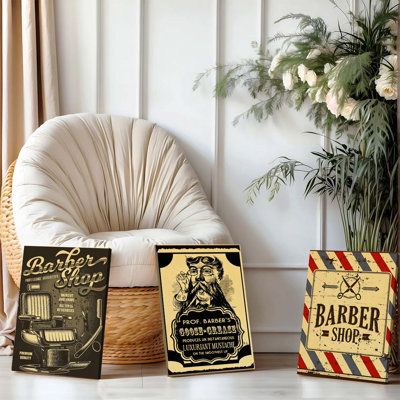 Ensemble de 3 affiches murales encadrées, style vintage, sur toile, avec fauteuil de barbier, moustache et poteau rayé. Décor rétro idéal pour salon de coiffure, salle de bain ou salle de jeux.