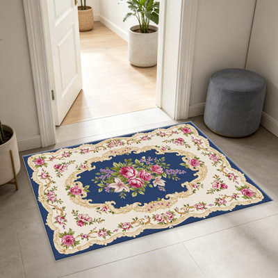 Tapis bleus roses roses pour le salon, doux et confortable, convient à toutes les saisons, facile à entretenir, tapis de sol intérieur lavable à la machine, sous la table de ferme convenant à la chambre à coucher, à la salle à manger, au bureau, au patio, au balcon, à la décoration intérieure