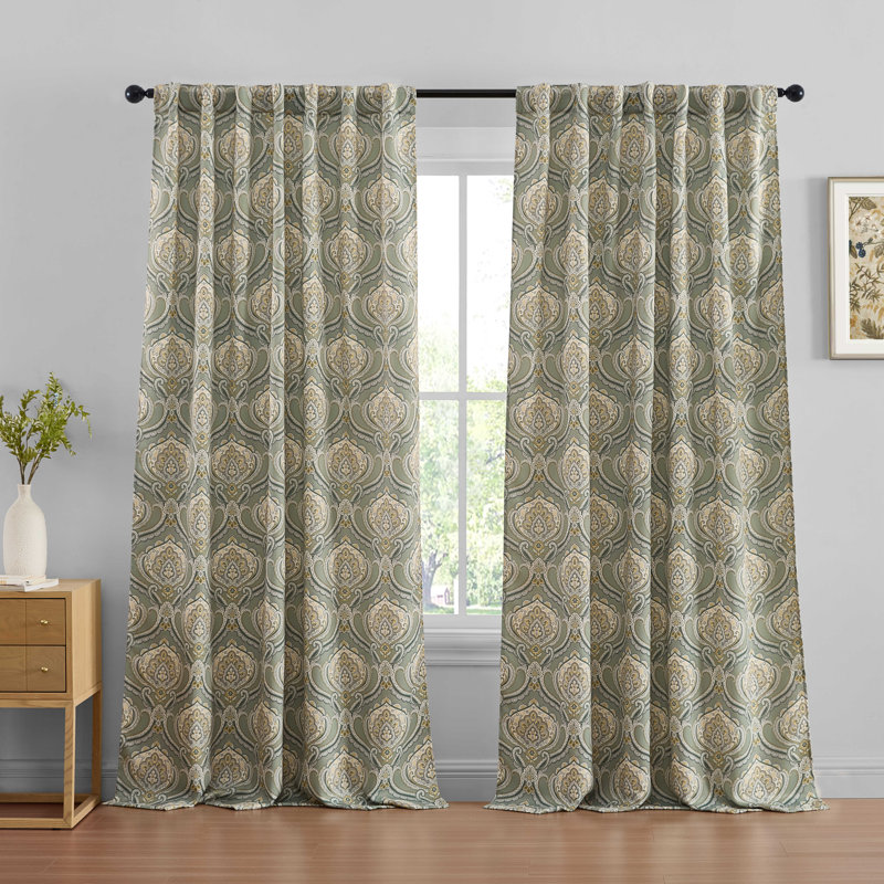 Messina Paisley Damask Patterned Window Back Tab Rod Pocket Curtains Bedroom - Light Blocking Darkening Window Panels, Set of 2