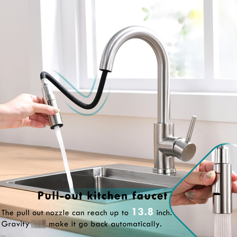 Robinet d'évier de cuisine à poignée simple, douchette rétractable en nickel brossé 360 °