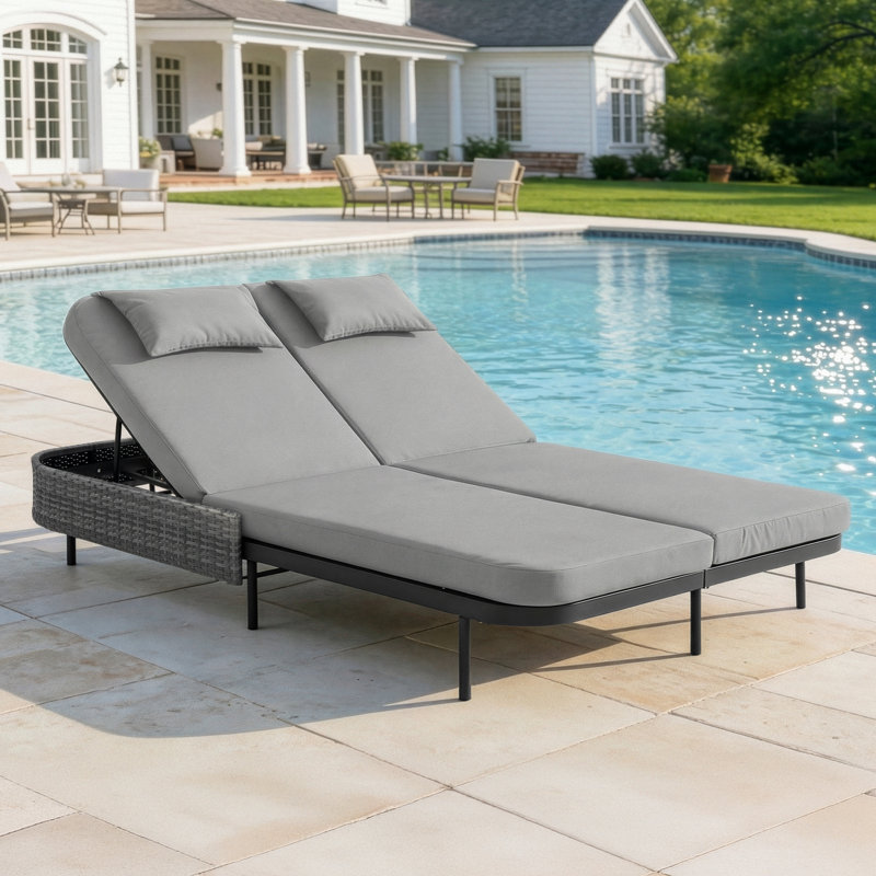 Outdoor Wicker Double Chaise Lounge Chair with Cushions, Adjustable Reclining Back, Light Gray