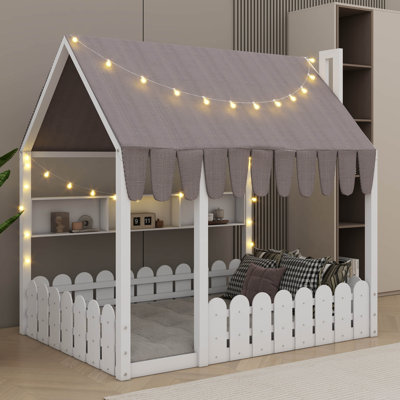 Lit de sol pour enfants avec barrière de sécurité, auvent, éclairage et unités de rangement triple Montessori