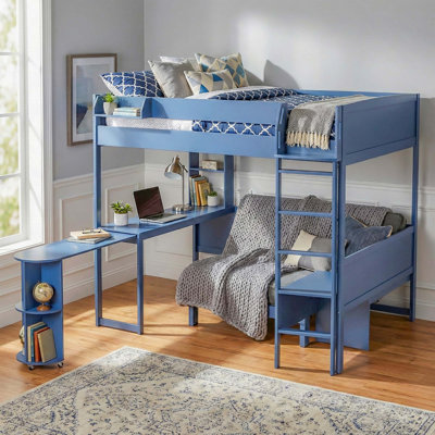 Lit mezzanine double en bois avec bureau, tablette de rangement de chevet, canapé et lumière