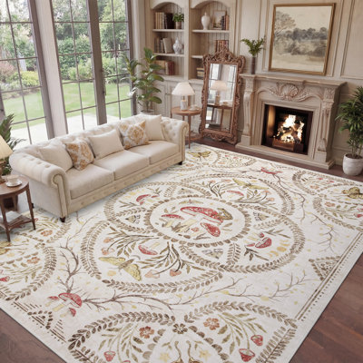 9'x12'Oversized Whimsical Botanical Forest Washable Non-Slip Area Rug, Mushroom Moth Frog Carpet for Living Room Bedroom Office