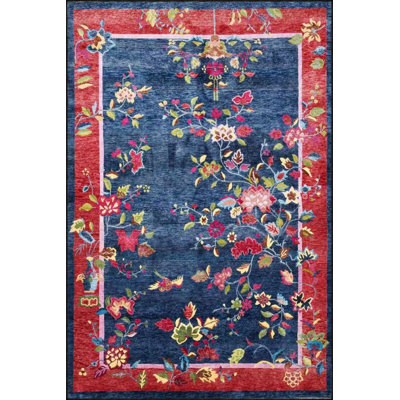 Vintage Blue Floral Modern Decorative Woven Base Rug