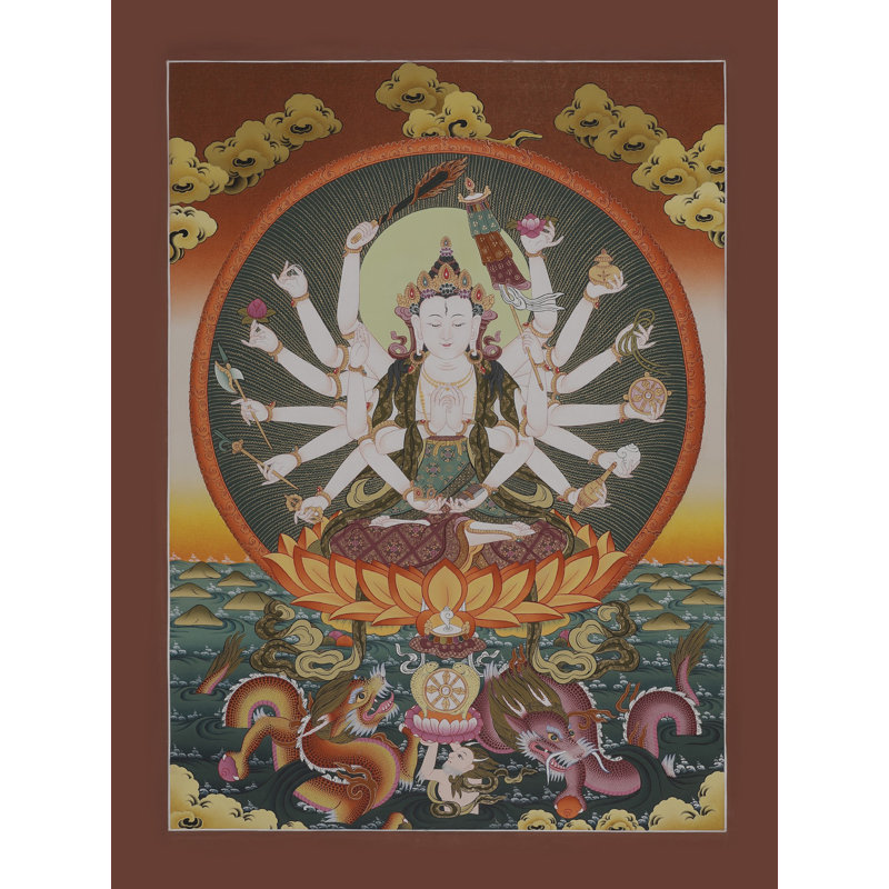 Art mural Chandi Thangka - déesse bouddhiste tibétaine peinte à la main (Durga à 18 bras / Baghvati), toile sans brocart, méditation et protection