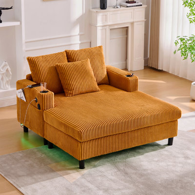 Canapé inclinable moderne en velours côtelé surdimensionné avec assise profonde, 3 coussins, charge USB, bande lumineuse à DEL RVB, porte-gobelet, poche latérale - convient au salon et à la chambre à coucher