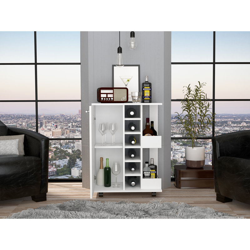 Chariot-bar roulant avec deux tablettes extérieures, une porte simple et six porte-bouteilles intégrés, Blanc, Blanc