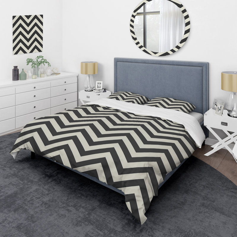 Ensemble de housse de couette moderne à motif de chevrons noir et gris III, Housse de couette simple + 2 taies décoratives st